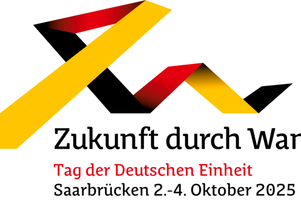 Logo für den Tag der Deutschen Einheit in Saarbrücken in Form des Saarpolygons mit dem Schriftzug "Zukunft durch Wandel"